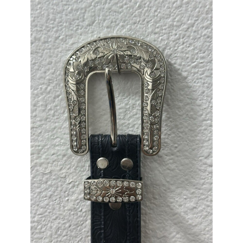 Tooled Leather Studded Silver & Rhinestone Aztec Blazin Roxx Bling Belt Rodeo - Picture 7 of 10